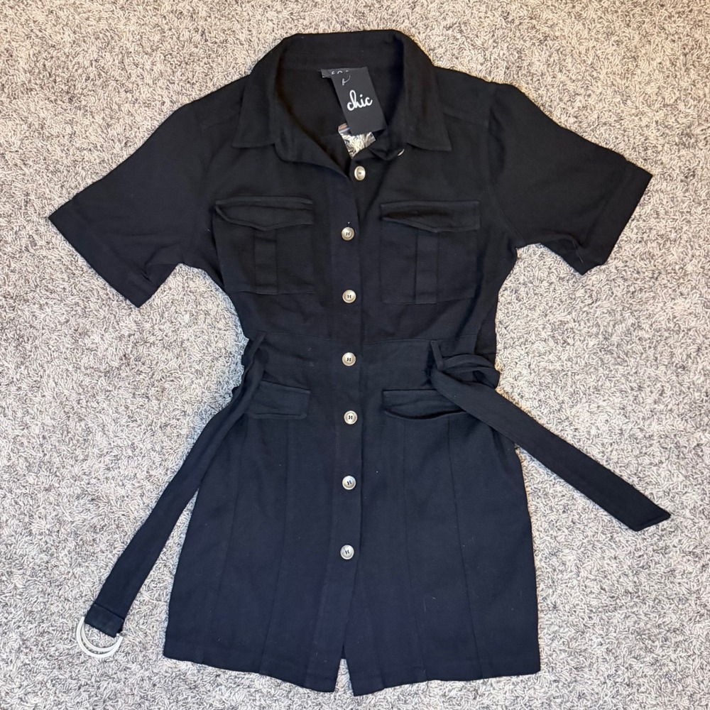 Fore Kendall Dress Black Cotton Utility Mini Button Front D-Ring Belt DI3871-M M